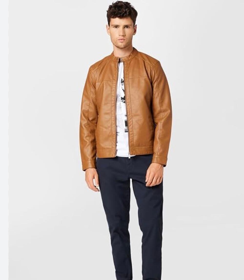 Only & Sons Onsmike Brown Faux Leather Racer Jacket-Size Large